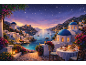 Illustration d'un dîner romantique sur une terrasse à Santorin sous un ciel étoilé.