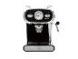 Machine à expresso noire et argentée avec manomètre et buse vapeur.