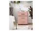 Commode rose à trois tiroirs, ordinateur portable, bouteille d'eau et plantes dans une pièce lumineuse.