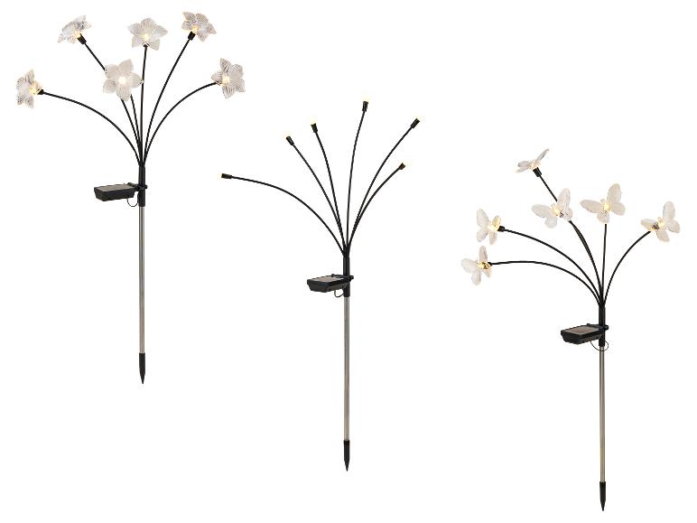 Lampes solaires de jardin avec motifs de fleurs, ampoules et papillons.