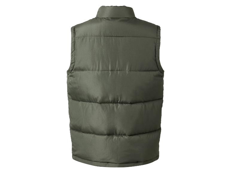 Vue arrière d'un gilet sans manches vert olive pour homme.