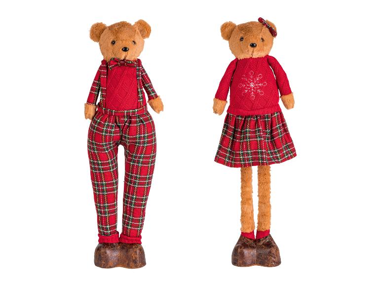 Deux ours en peluche décoratifs avec des jambes extensibles, vêtus de rouge et de carreaux.