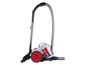 Un aspirateur gris et rouge avec un tube télescopique et un tuyau.