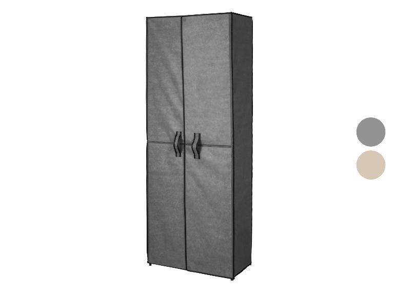 Armoire en tissu gris avec deux portes et poignées, avec des échantillons de couleur sur le côté.