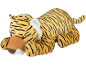 Tigre en peluche allongé avec des rayures jaunes et noires.