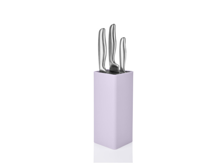 Un bloc à couteaux violet avec des couteaux.
