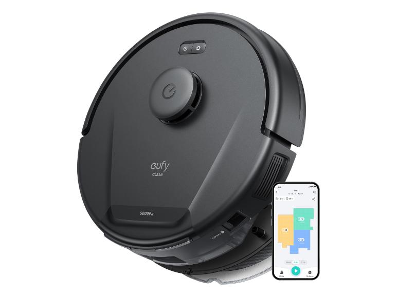 Aspirateur robot Eufy et application smartphone avec vue cartographique.