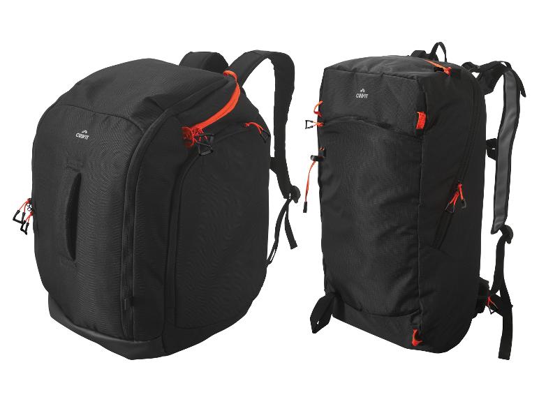 Deux sacs à dos Crivit noirs, l'un posé sur le côté et l'autre droit.