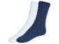 Une paire de chaussettes bleues et blanches avec des rayures verticales.