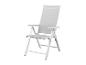 Fauteuil pliable moderne avec accoudoirs, structure blanche et tissu gris.