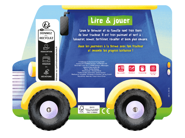 Un livre pour enfants sur le tracteur du fermier Léon, pour les enfants de plus de 18 mois.
