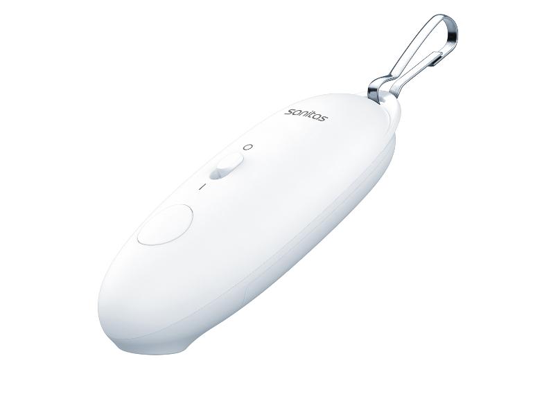 Appareil de massage blanc avec mousqueton et boutons de commande
