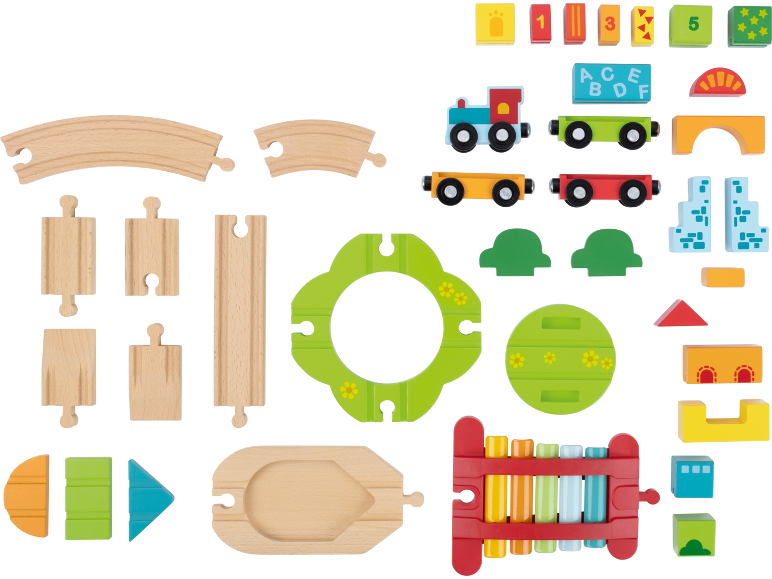 Ensemble de jouets en bois avec rails de train, train, blocs et xylophone.