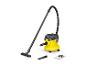 Aspirateur eau et poussière jaune avec tuyau, tube, buse de sol, suceur plat et sac à poussière.