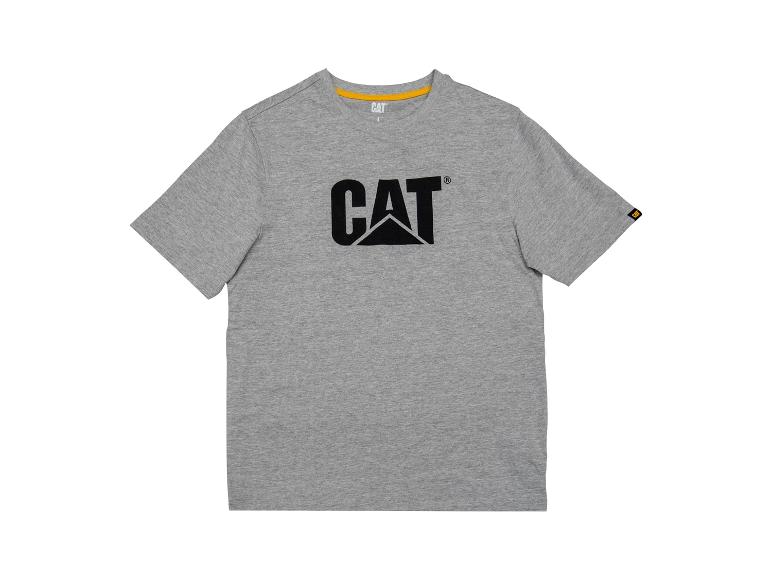 T-shirt gris à manches courtes avec un grand imprimé noir sur la poitrine.