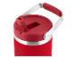 Bouteille thermos rouge avec poignée argentée et bec verseur ouvert.