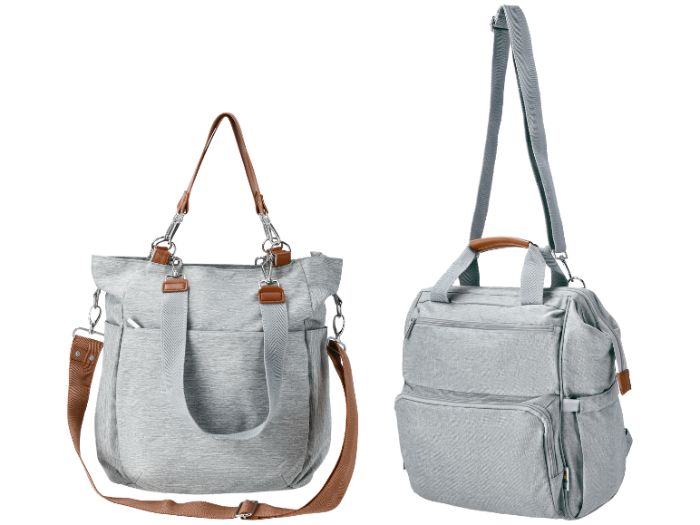 Deux sacs gris : un grand sac à main et un plus petit sac à dos.