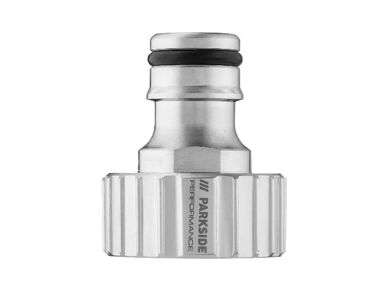 Adaptateur de tuyau métallique argenté Parkside Performance avec joint torique noir.