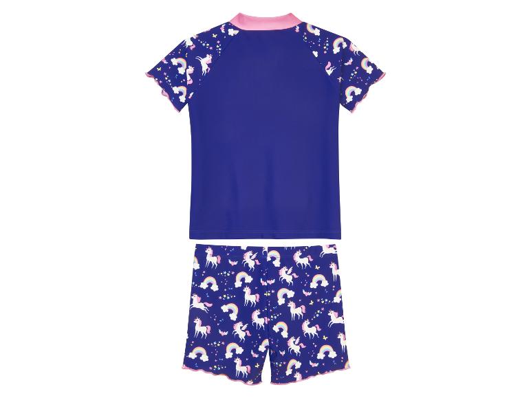 Maillot de bain deux pièces pour fille, haut bleu marine et bas imprimé licornes arc-en-ciel.