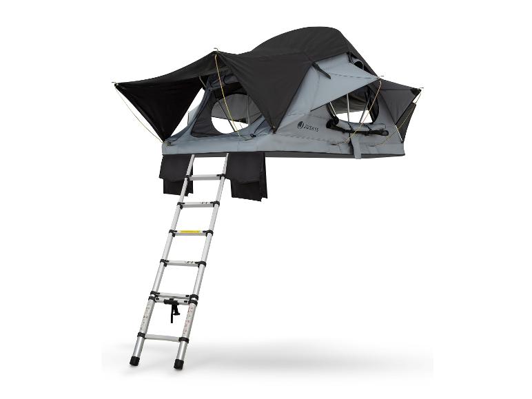Tente de toit grise et noire avec une échelle extensible sur fond blanc.
