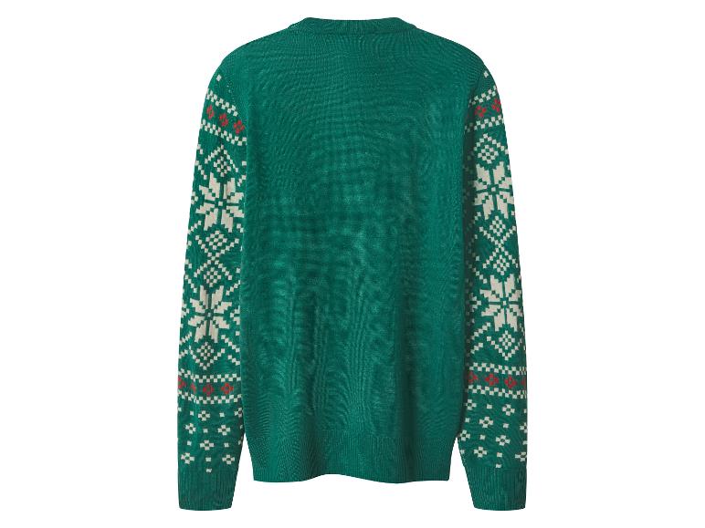 Pull de Noël vert avec des motifs de flocons de neige blancs et rouges sur les manches.