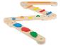 Jouet en bois avec des formes et des rouleaux colorés.