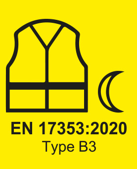 Étiquette EN 17353:2020 Type B3 avec icône de gilet réfléchissant et croissant de lune.