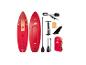 Ensemble de paddleboard avec deux planches rouges, pompe, pagaie, aileron et sac.