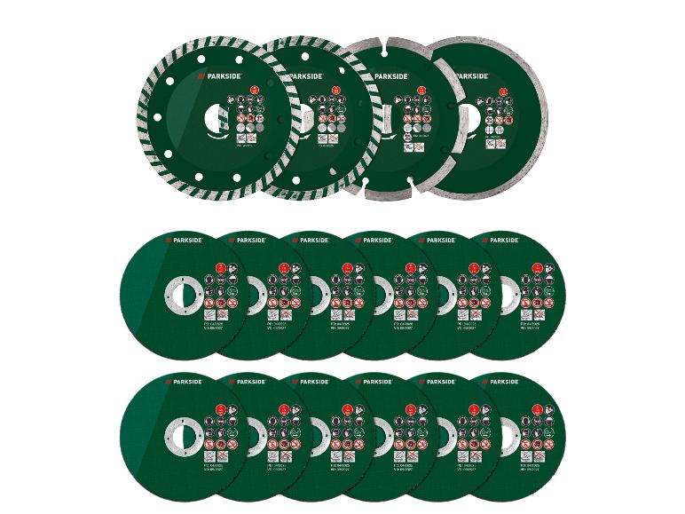Disques de coupe Parkside : ensemble de disques diamantés pour différentes applications.