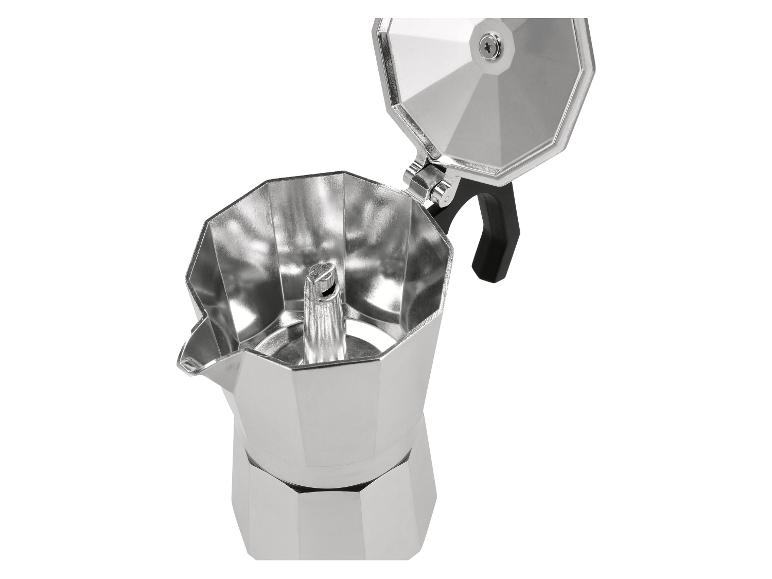 Cafetière moka argentée ouverte avec poignée noire