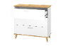 Commode blanche moderne avec trois tiroirs et détails en bois.