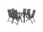 Ensemble de table et six chaises de jardin pliantes, structure métal gris et textilène gris.
