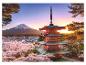 Une pagode rouge au Japon avec vue sur le mont Fuji et des cerisiers en fleurs.