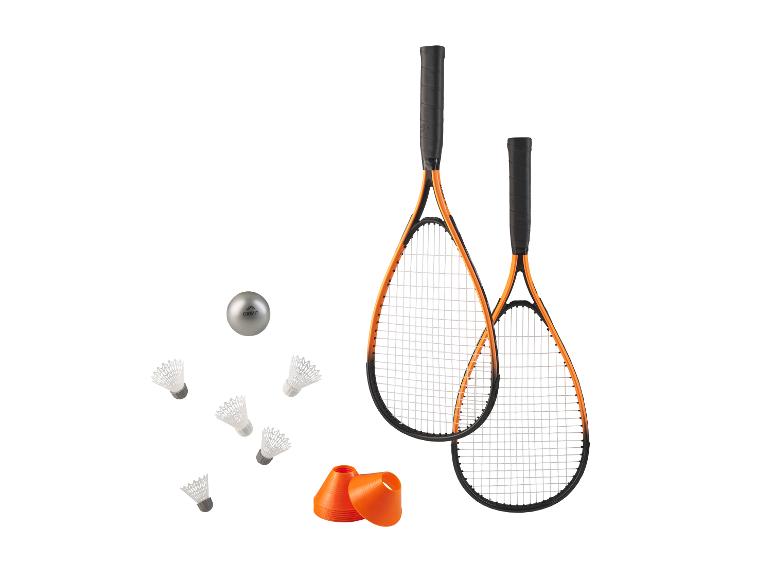 Ensemble de raquettes de badminton et de speedminton Crivit avec volants et cônes.