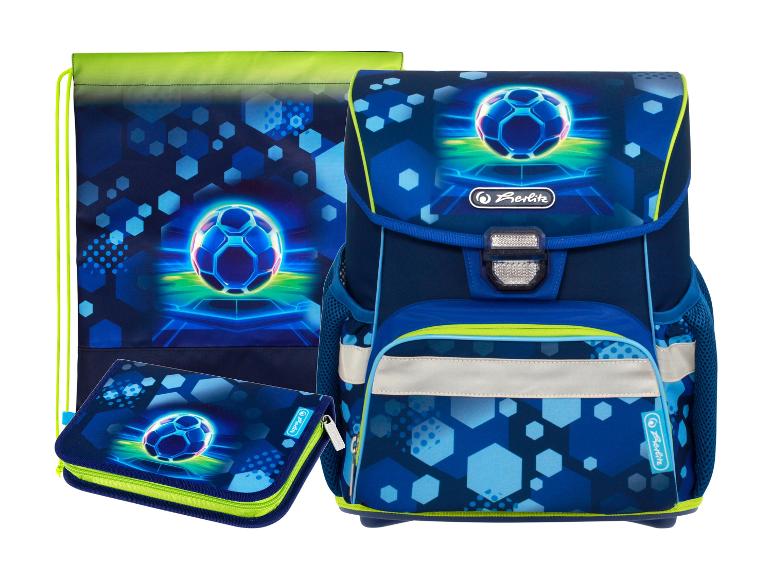 Ensemble scolaire avec sac à dos, sac de sport et trousse dans les tons bleus avec motif ballon de football.