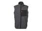 Gilet polaire gris avec fermetures éclair noires et accents orange.