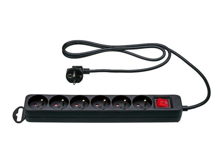 Multiprise noire à six prises avec interrupteur marche/arrêt rouge
