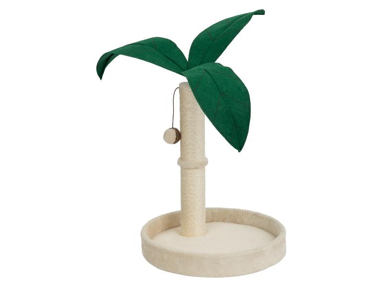 Arbre à chat avec un design de palmier, doté d'un poteau en sisal et d'une base en peluche.