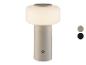 Lampe de table beige avec abat-jour lumineux et bouton d'alimentation, avec options de couleur.