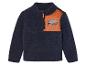 Un sweat-shirt en polaire bleu marine avec des détails orange et un imprimé