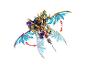 Un dragon LEGO Ninjago doré et violet avec des ailes bleues, avec des flèches rouges indiquant le mouvement.