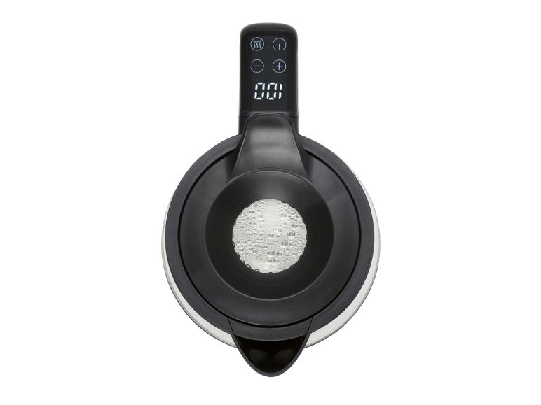 Bouilloire électrique noire avec affichage numérique et boutons de commande.