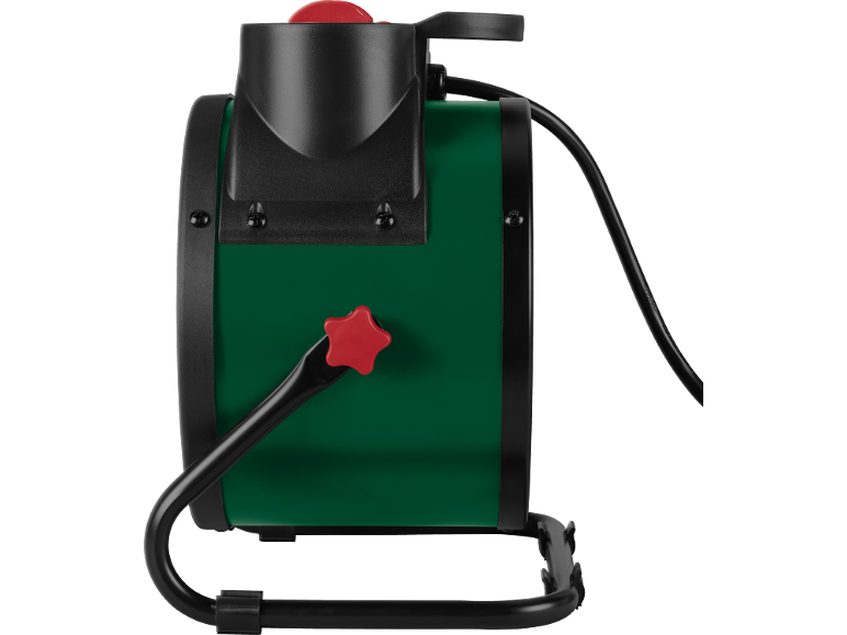 Vue latérale d'un radiateur soufflant électrique vert et noir avec un bouton et une poignée rouges.