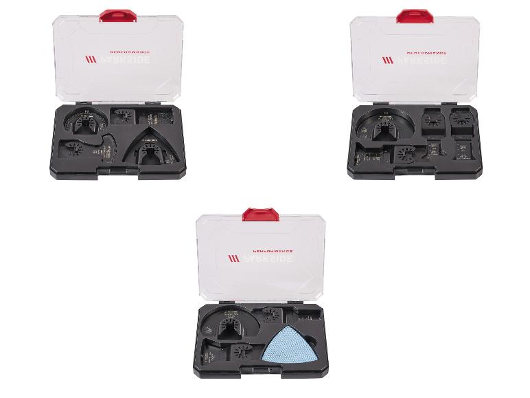 Trois ensembles d'accessoires pour outils oscillants avec lames de scie et patins de ponçage.