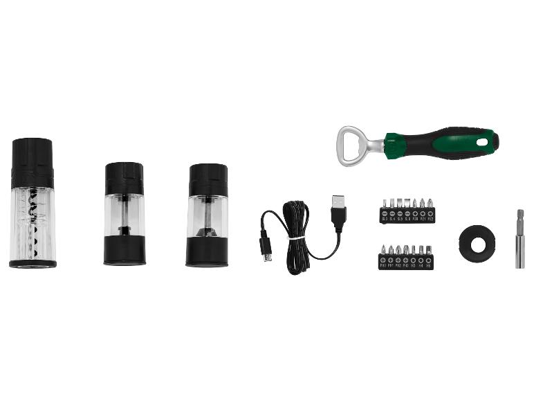 Ensemble d'outils avec tire-bouchon, moulin à épices, câble USB et embouts de tournevis.