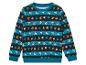 Un pull de Noël bleu avec des rennes, des bonhommes de neige et le Père Noël.