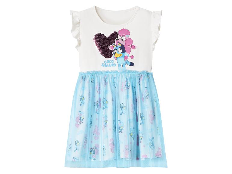 Robe fille blanche et bleue avec imprimé Bluey et Coco et cœur à sequins