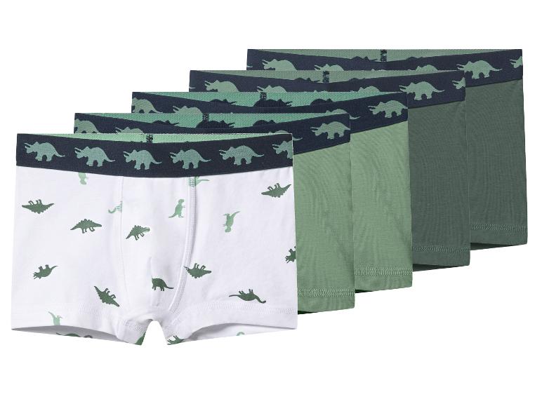Lot de 5 boxers pour enfants avec motif dinosaure en blanc et nuances de vert.