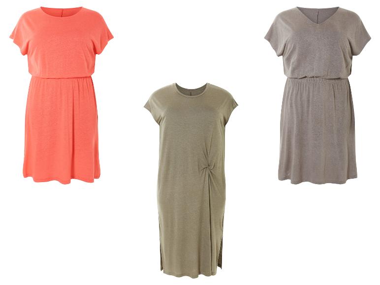 Trois robes estivales : corail, taupe et kaki.