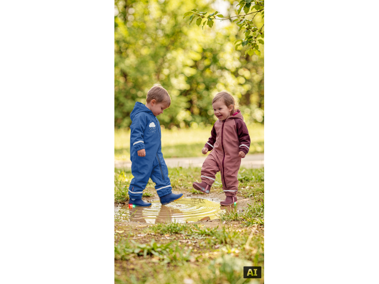Deux tout-petits en combinaisons de pluie colorées et bottes barbotant dans une flaque d'eau.